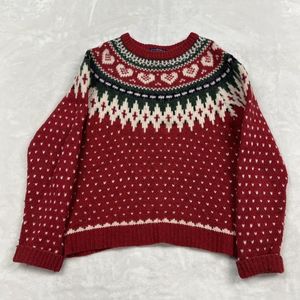 Woolrich Fair Isle Sweater Womens M Red Wool Blend Heart Yoke Knit 9191